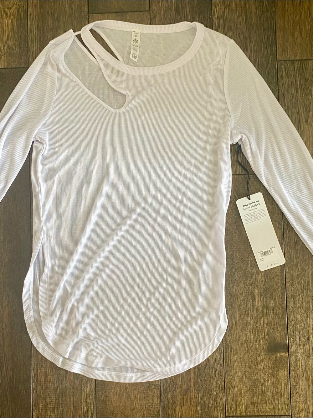 ALO Yoga White Ribbed Long Sleeve Top with Asymmetrical Shoulder Cutout